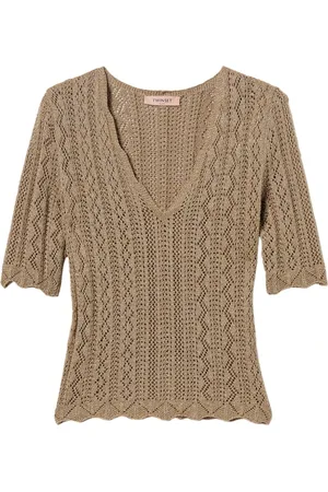 Twin-Set Truien, Dames, Bruin, M, Sweaters met geschulpte rand V-hals Bruin