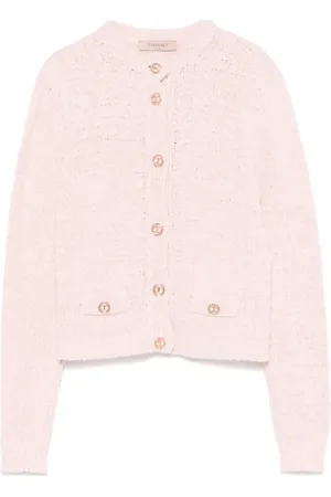 Twin-Set Truien, Dames, Roze, M, Leer, Gebreid Vest met Gouden Knopen