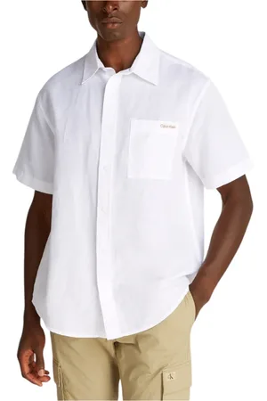 Calvin Klein Overhemden, Heren, Wit, S, Katoen, Linnen Katoen Korte Mouw Shirt Mannen