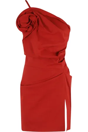 MAGDA BUTRYM Kleedjes, Dames, Rood, S, Linnen, Rode one-shoulder gedrapeerde jurk met bloemenapplicatie