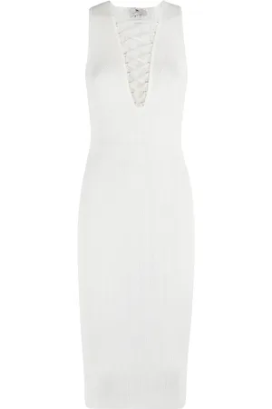 Elisabetta Franchi Kleedjes, Dames, Wit, XS, Ivoor Gebreide Jurk met V-Hals