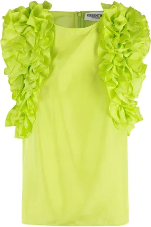 Essentiel Antwerp Tops, Dames, Groen, S, Ruffle Top Lime Zijde Mouwloos