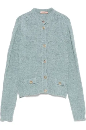 Twin-Set Truien, Dames, Blauw, M, Leer, Gebreid Vest met Gouden Knopen