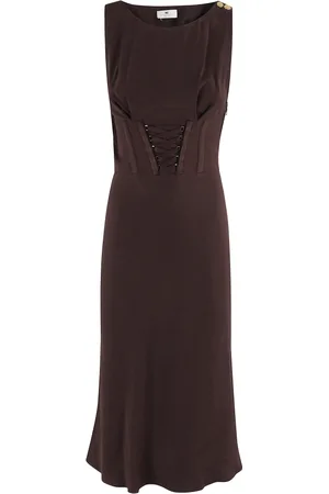 Elisabetta Franchi Kleedjes, Dames, Bruin, S, Katoen, Midi Jurk in Cacao Korset Stijl