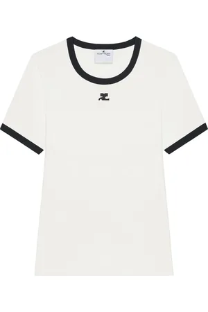 Courrèges Tops, Dames, Wit, XS, Katoen, Handtekening Contrast T-shirt voor vrouwen
