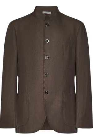 Boglioli Jassen, Heren, Bruin, XL, Linnen, Bruine Linnen Blazer Met Opstaande Kraag