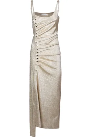Paco rabanne Kleedjes, Dames, Grijs, 2Xs, Polyester, Glamoureuze Lurex Draperende Jurk met Knoopdetail