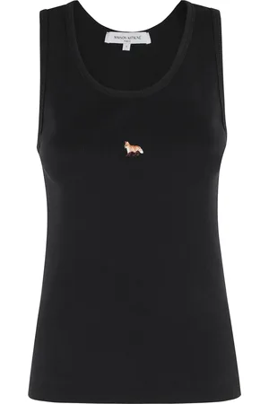 Maison Kitsuné Tops, Dames, Zwart, S, Katoen, Zwarte Geribbelde Tanktop Baby Fox