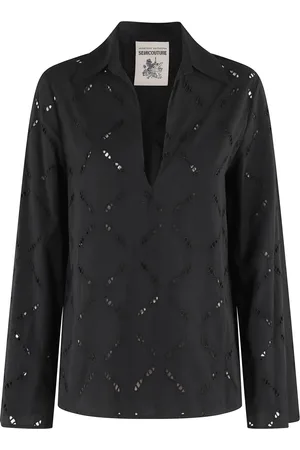 SEMICOUTURE Blouses & Shirts, Dames, Zwart, S, Katoen, Zwarte Katoenen Geborduurde V-hals Blouse