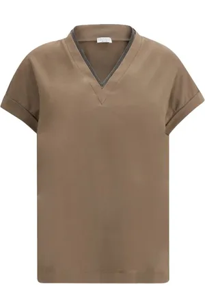 Brunello Cucinelli Tops, Dames, Bruin, S, Katoen, Elegant Jewel Embellished V-Neck T-Shirt