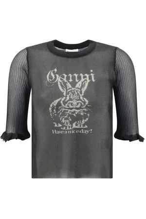 Ganni Tops, Dames, Zwart, S, Doorschijnende Jacquard Top met Gerimpelde Mouwen