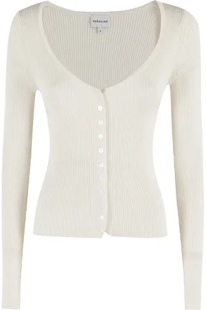Herskind Truien, Dames, Wit, XS, Katoen, Geribbelde Gebreide V-hals Blouse