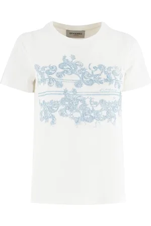 ERMANNO SCERVINO Tops, Dames, Wit, S, Katoen, Katoenen Jersey T-shirt met Macramé-effect Print