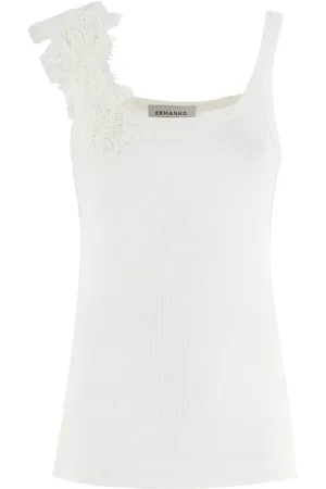 ERMANNO SCERVINO Tops, Dames, Wit, L, Polyester, Bloemenkant Applique Slim Fit Top