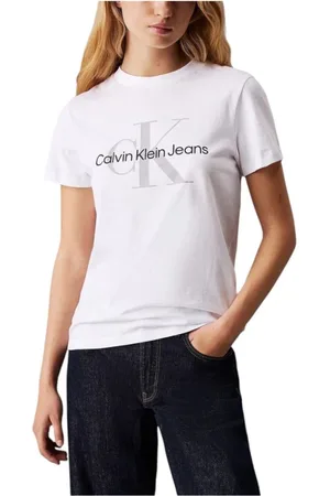Calvin Klein Tops, Dames, Wit, L, Katoen, Witte Katoenen Monologo T-Shirt