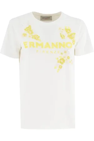 ERMANNO SCERVINO Tops, Dames, Wit, M, Katoen, Bloemen Paillet Katoenen T-shirt