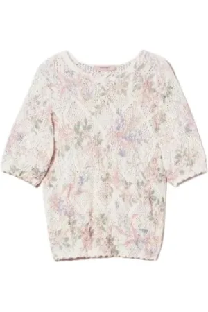 Twin-Set Truien, Dames, Veelkleurig, M, Katoen, Bloemen Gebreide Trui met Korte Mouwen