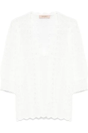 Twin-Set Truien, Dames, Wit, XS, Witte Shirts met Schelpzoom