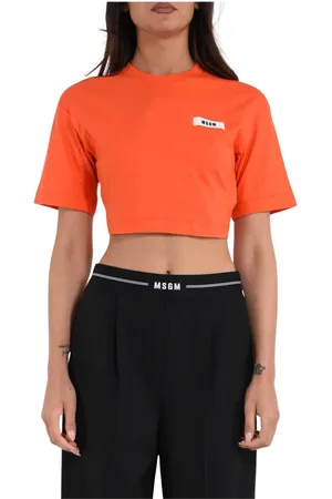 Msgm Tops, Dames, Oranje, S, Katoen, Geknipte katoenen T-shirt met logodetail