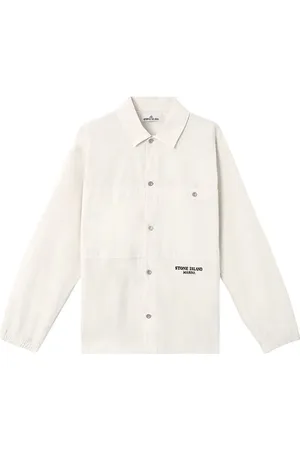 Stone Island Overhemden, Heren, Wit, L, Katoen, Katoenen Tela Overshirt met Marina Borduurwerk