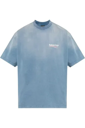 Balenciaga Tops, Heren, Blauw, M, Vervaagd Blauw Logo Achter T-shirt