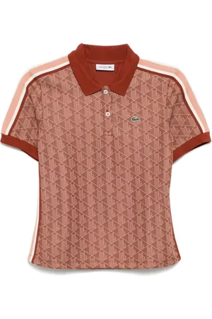 Lacoste Tops, Dames, Bruin, M, Katoen, Bruine Poloshirt met Gestreepte Banden