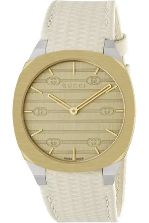 Gucci Accessoires, Dames, Grijs, ONE Size, Gelaagde Gouden Messing Wijzerplaat met Wit Leren Bandje