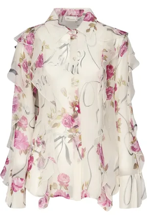 BLUMARINE Blouses & Shirts, Dames, , S, Bloemenzijden overhemd met ruches