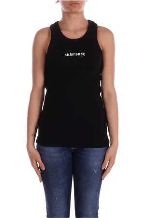 John Richmond Tops, Dames, Zwart, M, Katoen, Zwart Logo Voorkant Slim Fit T-shirt