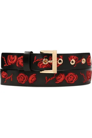 Kazar Accessoires, Dames, Zwart, 90 CM, Leer, Zwarte leren riem geborduurd met rode rozen