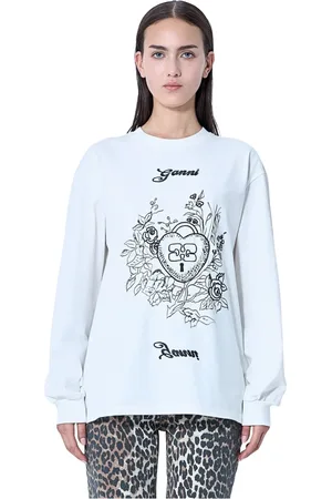 Ganni Tops, Dames, Wit, M, Katoen, Katoenen Jersey Logo Motif T-Shirt