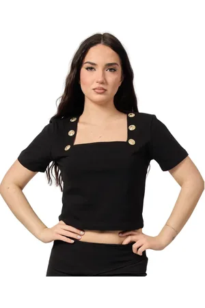 GAËLLE Tops, Dames, Zwart, L, Zwarte Cropped T-shirt met Voorknoppen