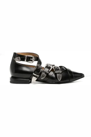 TOGA PULLA Schoenen, Dames, Zwart, 36 EU, Leer, Zwarte Polido Platte Schoenen met Zilveren Gespen