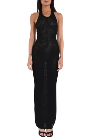 LANEUS Kleedjes, Dames, Zwart, XS, Polyester, Gebreide Lange Jurk met Opengewerkte Details