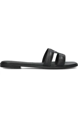 Tommy Hilfiger Schoenen, Dames, Zwart, 42 EU, Leer, Zwarte Logo Strap Mule Slippers