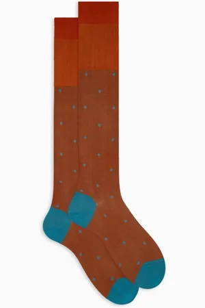 Gallo Ondergoed, Heren, Veelkleurig, S, Katoen, Lange oranje katoenen sokken voor heren met polka dot patroon op iriserende basis