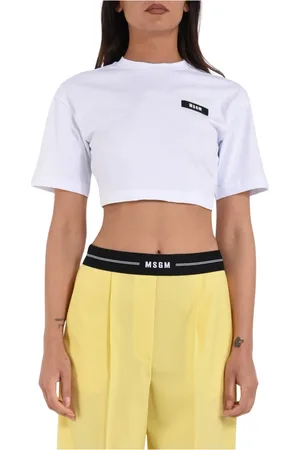 Msgm Tops, Dames, Wit, S, Katoen, Geknipte katoenen T-shirt met voorlogo