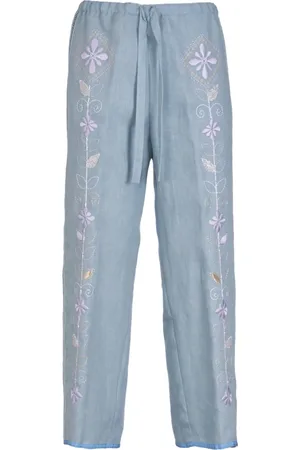 FORTE FORTE Broeken, Dames, Blauw, M, Linnen, Trekkoord Geborduurde Broek
