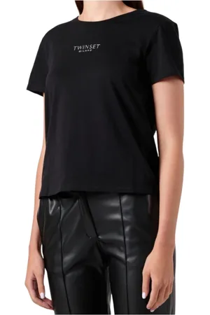 Twin-Set Tops, Dames, Zwart, XS, Katoen, Basis katoenen T-shirt met gestructureerd logo