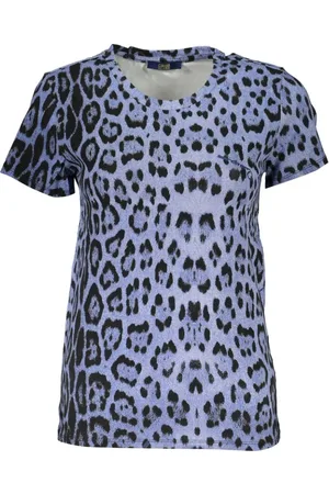 Roberto Cavalli Tops, Dames, Veelkleurig, M, Katoen, Blauw Katoenen T-shirt met Patroon