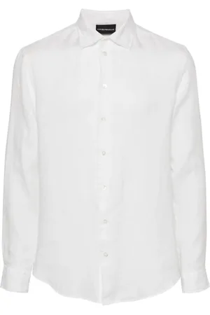 Emporio Armani Overhemden, Heren, Wit, M, Linnen, Witte Linnen Logo Overhemd Klassieke Kraag