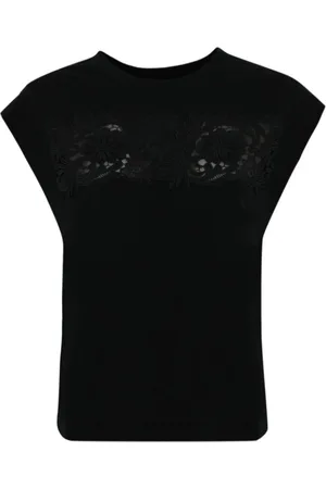 Twin-Set Tops, Dames, Zwart, S, Katoen, Bloemen geborduurd T-shirt