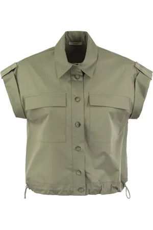 PESERICO SIGN Blouses & Shirts, Dames, Groen, S, Katoen, Lichtgewicht Katoen Satijnen Zeil Hand Shirt Met Trekkoord