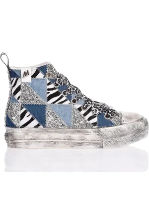 Mimanera Schoenen, Dames, Grijs, 36 EU, Denim, Denim Patch Glitter Sneakers Animalier Stijl