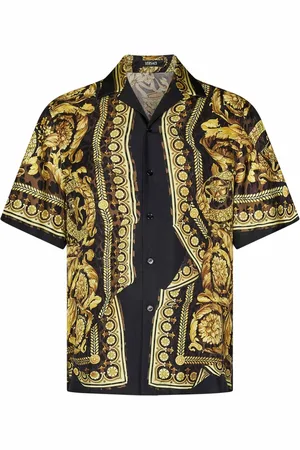 VERSACE Overhemden, Heren, Veelkleurig, M, Zwarte Ss 25 korte mouw zijden overhemd