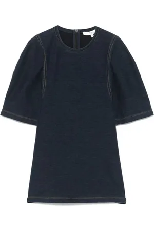 tibi Tops, Dames, Blauw, S, Denim, Denim Gebeeldhouwde Shrunken T-Shirt