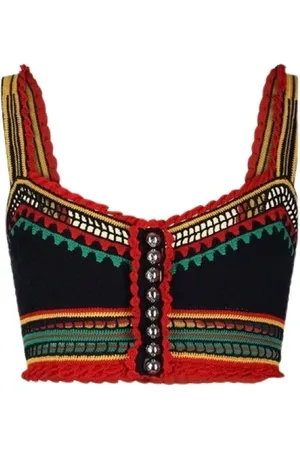 Paco rabanne Tops, Dames, Veelkleurig, S, Katoen, Navy Gehaakte Crop Top V-hals