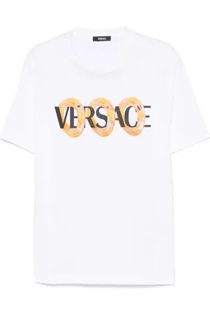 VERSACE Tops, Heren, Wit, M, Katoen, Wit Crewneck T-shirt met Kettinglogo