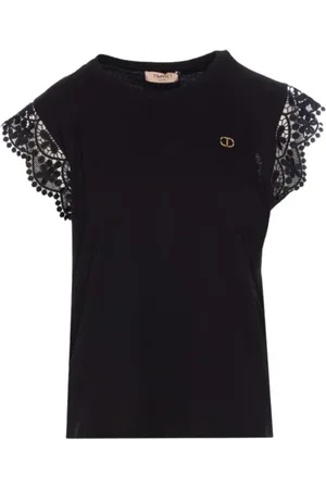 Twin-Set Tops, Dames, Zwart, L, Katoen, Zwarte katoenen T-shirt met macramé mouwen