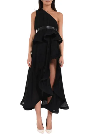 SIMONA CORSELLINI Kleedjes, Dames, Zwart, L, Polyester, Een-schouder geplooide jurk met ruches